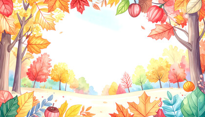 A frame inspired by a forest with autumn leaves drawn with crayons on all four corners.