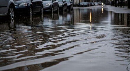 Puddle on a city street after heavy rain, with parked cars and reflections. Urban water management and weather impact concept.