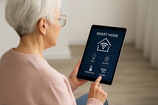 Older woman controlling smart home system on tablet, managing lights, security, temperature and camera from living room.