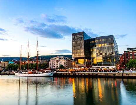 Harbor Sunset Cityscape, Waterfront Restaurant