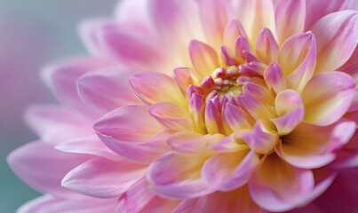 Close-up vibrant dahlia flower, gradient colors, soft focus, vibrant blue, green, and peach petals, pastel tones