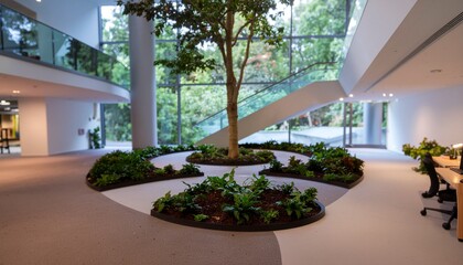 Fototapeta premium Modern workspace interior featuring indoor landscaping, circular pathways, tree growing in the center, elegant staircase, panoramic glass walls, and tranquil green environment