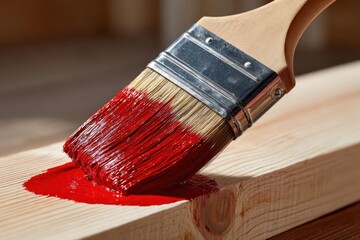 Paintbrush applying vibrant red paint to a light wooden plank surface.
