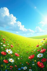 Sun-drenched meadow, vibrant wildflowers, azure sky, sky blue, field