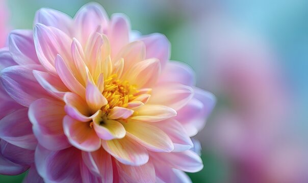 Close-up vibrant dahlia flower, gradient colors, soft focus, vibrant blue, green, and peach petals, pastel tones