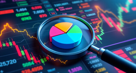 Magnifying glass highlighting a colorful pie chart against a digital stock market screen with candlestick graphs and trading data.