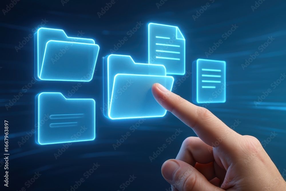 Aufkleber digital interface: a modern technological depiction of files and folders coming together with human 