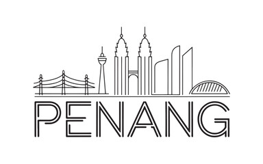 Obraz premium Monochrome Penang Skyline Illustration Architectural Landmarks and Urban Landscape Featuring Prominent Buildings and City Name