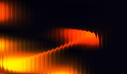 Abstract background of glowing orange waves in the dark with stripes effect. Refraction of wavy striped glass.