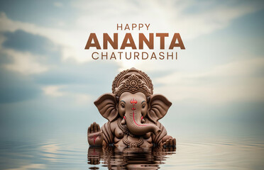 Photorealistic poster of a clay Ganesha idol half-submerged in water, bold clean text ‘Happy Ananta Chaturdashi’