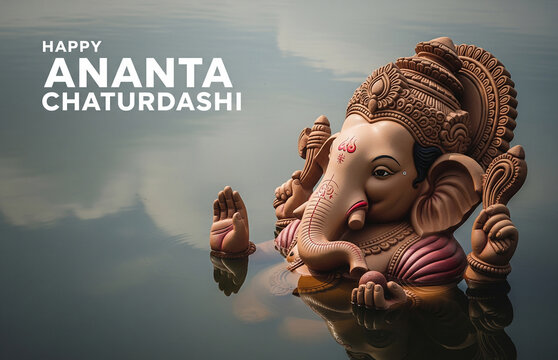 Photorealistic poster of a clay Ganesha idol half-submerged in water, bold clean text ‘Happy Ananta Chaturdashi’
