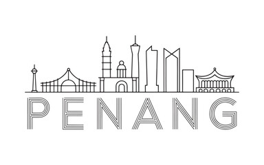 Penang City Skyline in a Minimalist Style, Featuring Popular Landmarks and the City Name with Thin Lines, White Background