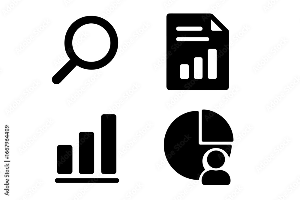 Poster solid glyph icon set for data analysis and business intelligence. vector icons for insights, reporti