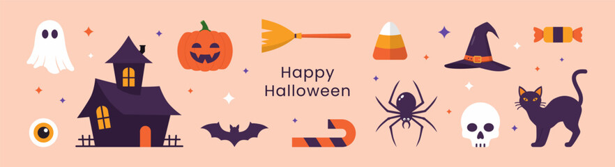 Halloween simple flat icon geometric set. Flat autumn holiday stickers. Perfect for greeting card, party invitation, poster. Vector trendy illustration.