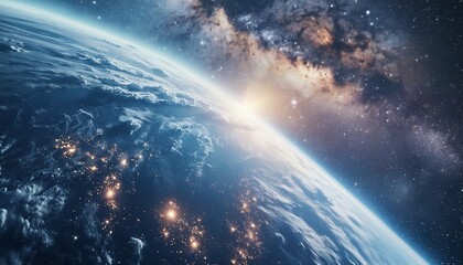 Fototapeta premium a breathtaking view of earth's curvature transitioning into the vibrant expanse of the milky way galaxy with city lights twinkling below.
