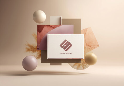 Business Card Floating With Creative Elements Mockup