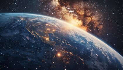 Obraz premium a breathtaking view of north and central america at night, illuminated by city lights and set against the backdrop of a vibrant, swirling galaxy.