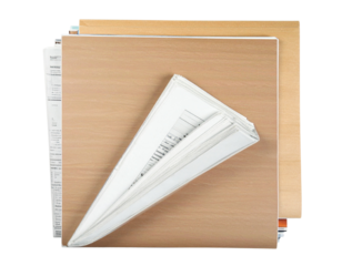 Stack of Magazines and Folded Newspaper on Wooden Table, Top-Down Flat Lay, isolated transparent background png