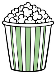 Simple cartoon illustration of a popcorn bucket with green and white stripes