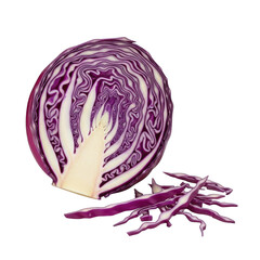 Fototapeta premium Fresh red cabbage halved showing vibrant purple layers and chopped leaves transparent background