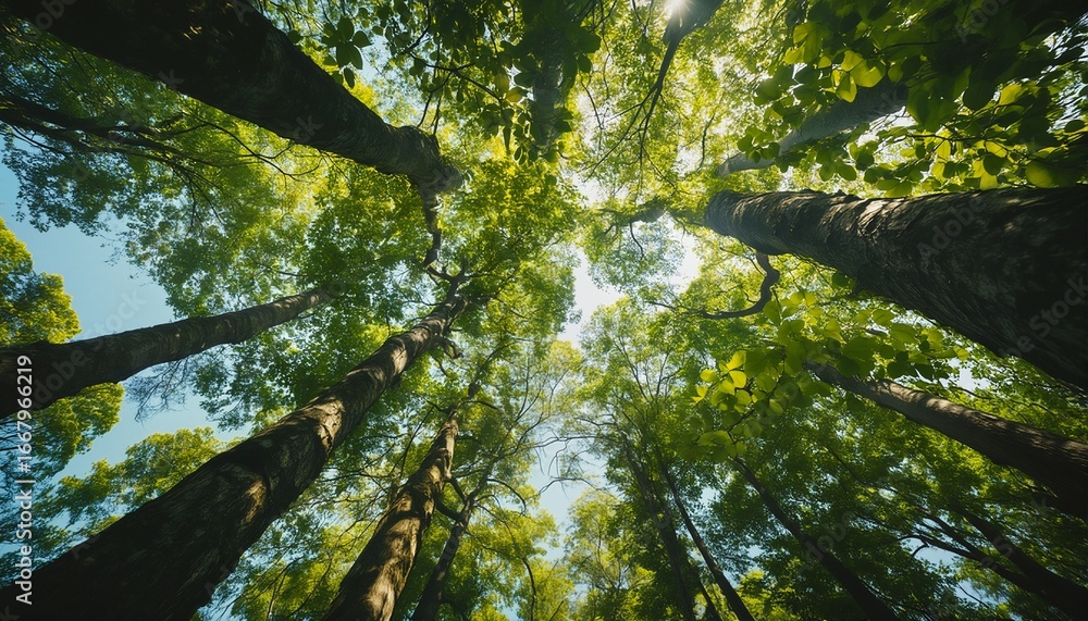 Poster a low angle view captures the towering trees of a lush forest canopy with sunlight filtering through