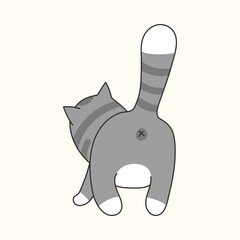 Cartoon gray tabby cat showing its back with tail raised.