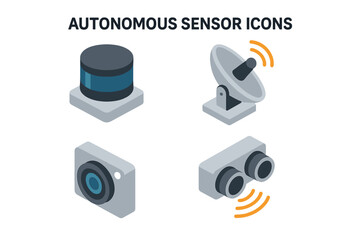 Autonomous sensor icon set. Isometric vector illustrations of LiDAR scanner, radar dish, camera module, and ultrasonic sensor for self-driving car technology and vehicles.