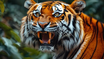 Obraz premium a striking close-up captures a sumatran tiger with an intense gaze and a fierce display of its teeth amidst lush green foliage.