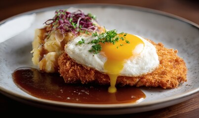 crispy golden schnitzel plated on a bed of creamy German potato salad, cascading rich brown gravy over the schnitzel, topped with a perfectly cooked sunny side up egg with glossy yolk