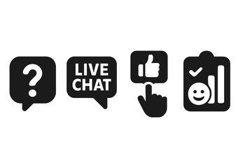 Live interaction icon set for stream or webinar. Solid glyph icons for user engagement like live chat, Q&A, poll, vote, and feedback. UI UX elements for online communication.