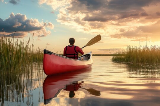 Paddling a red canoe at sunset on a tranquil lake surrounded by tall grass