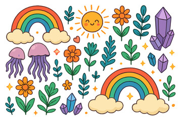 Groovy retro sticker pack. Cute cartoon doodle set with rainbow, sun, flower, crystal, jellyfish. Psychedelic hippie nature and fantasy elements. Whimsical magic vector.