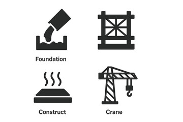 Fototapeta premium Building construction process icons. Solid vector pictogram collection showing stages: pouring concrete foundation, steel framework, scaffolding, cement curing, and a tower crane.