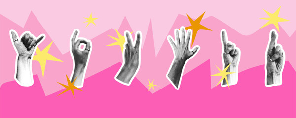 Halftone hands. Realistic black and white arm, different gestures, pop art, old vintage newspaper clippings, thumbs up, heart and ok. Cutout palm. Doodle trendy elements. Vector isolated illustration