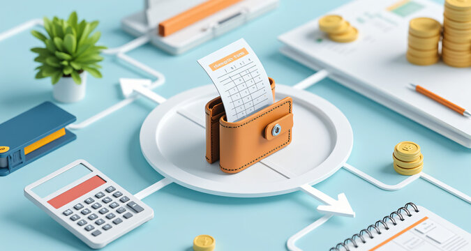 3D illustration of a wallet holding a payroll calendar surrounded by calculator, coins, and office items, symbolizing salary management and financial planning.