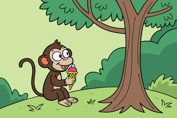  Cartoon monkey eating ice cream under a tree