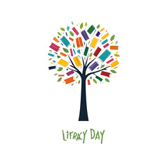 Vibrant tree of knowledge blossoms with colorful books, celebrating literacy and learning growth on transparent background 