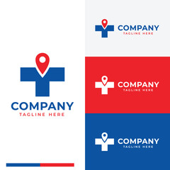 Simple medical cross with drop pin logo symbol icon flat stock vector design