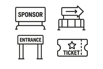 Event management and branding outline icon set. Vector graphics for sponsor panel, crowd control barricade, directional arrow, entrance arch, and admission ticket for a festival.