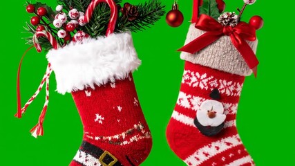 Festive christmas stockings with holiday decorations and green background - Powered by Adobe