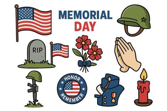 Memorial Day vector icon set with USA symbols for commemoration. Cartoon illustration collection with flag, soldier grave, helmet, poppy and medal to honor and remember the fallen.