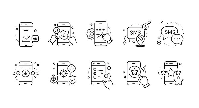 A collection of line icons representing diverse mobile phone application functionalities, including downloads, security, messaging, settings, and user reviews