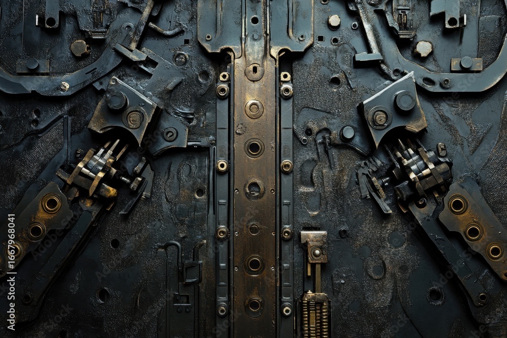 Poster mechanical door with intricate mechanisms and a dark textured surface in a futuristic setting