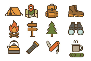 Camping and hiking icon set. Outdoor adventure and travel equipment symbols. Vector line icons for nature tourism, exploration and survival gear. Forest, mountain trip elements.