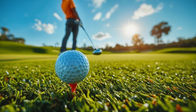 a close-up view of a golf ball teed up on a lush green course with a blurred golfer preparing to swing under a bright sunny sky. - Powered by Adobe