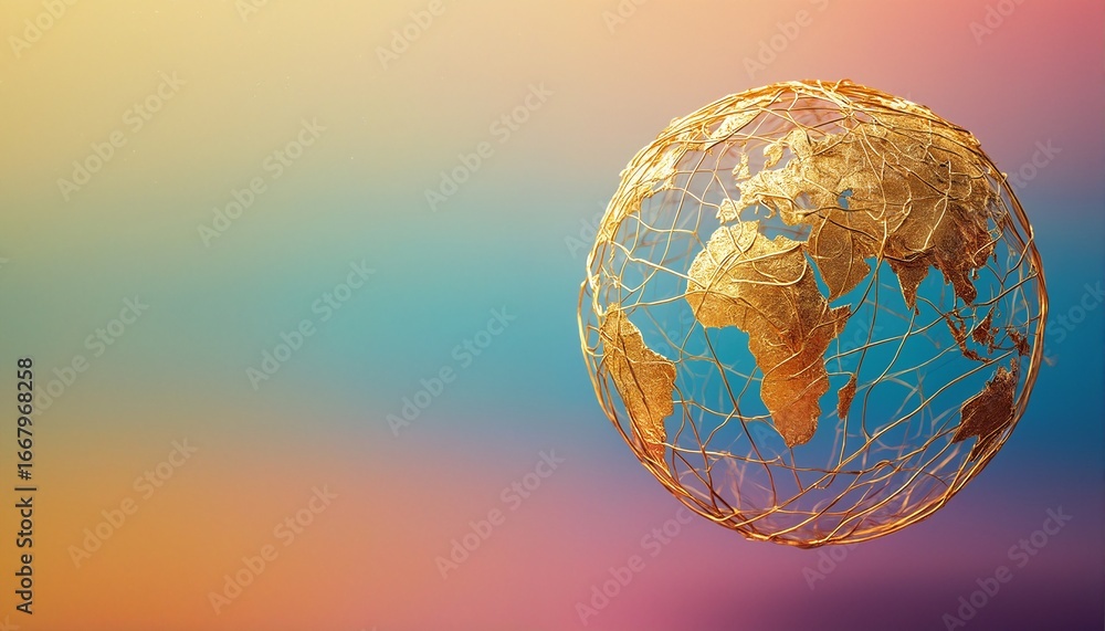 Aufkleber a golden wireframe globe floats against a vibrant gradient background symbolizing connectivity and g