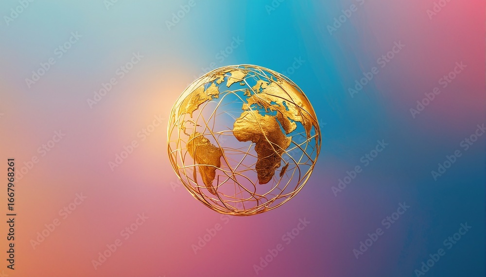Poster a golden globe encased in a delicate network of lines floats against a vibrant gradient background o