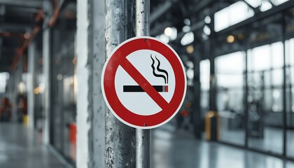 a clear no smoking sign is affixed to a metal support in a modern, industrial-style building with blurred glass and metal structures in the background.