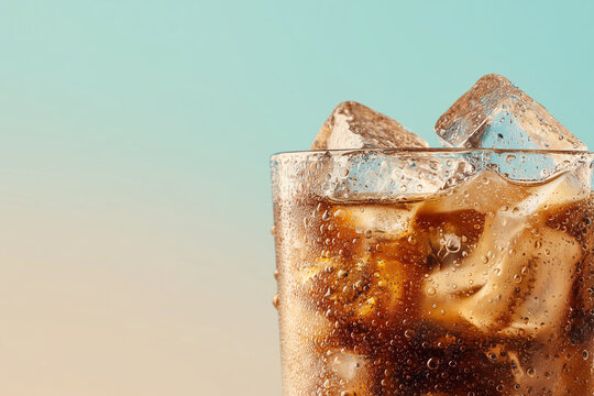 Iced coffee cold brew glass with ice cubes and water drops on pastel background, refreshing chilled drink mockup scene for coffee branding, café advertising, product placement and modern design templa