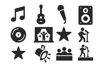 Music and performance vector icon set. Concert, show, and festival symbols. Includes singer on stage, microphone, guitar, speaker, audience, spotlight, star, and note. Live event.